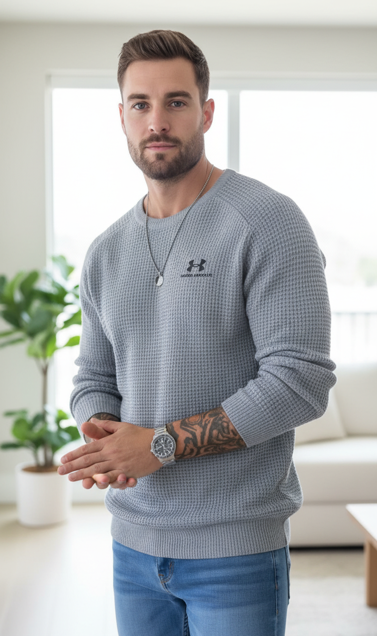 Men’s Waffle Knit Crew Neck Long‑Sleeve Sweater