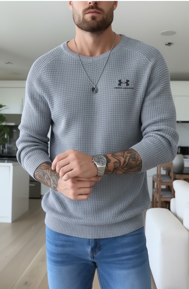 Men’s Waffle Knit Crew Neck Long‑Sleeve Sweater