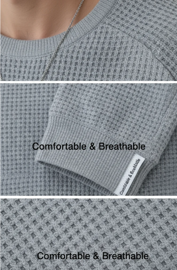 Men’s Waffle Knit Crew Neck Long‑Sleeve Sweater